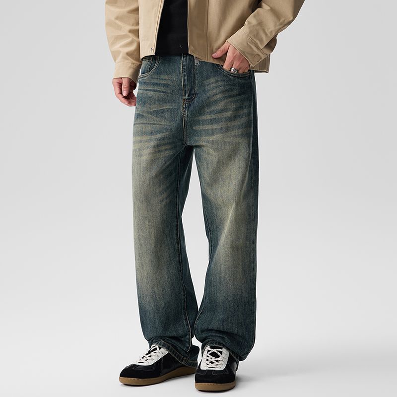 Jeans elasticizzati CLeanfit da uomo, larghi e dritti, Harlan, alla moda, lunghi, a vita media, stile retrò americano, lavato, K11, denim, otto cilindri, Xiansen Zhi Clothes_voghion.com