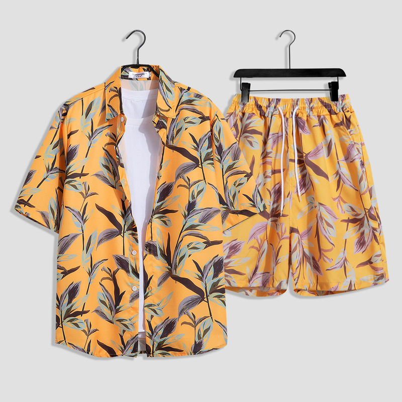 Herenkleding aan zee, strandvakantie, losse heren, plus size paar, trendy bloemenoverhemd met korte mouwen, casual tweedelige set_voghion.com