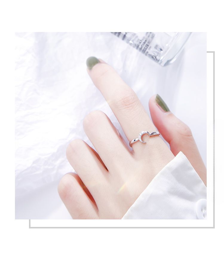 Anello aperto in argento puro con dito indice a forma di stella e luna, anello alla moda per donna, stile minimalista_voghion.com