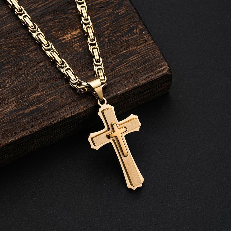Collana audace con croce in acciaio al titanio a tre strati, accessori hip-hop da uomo_voghion.com