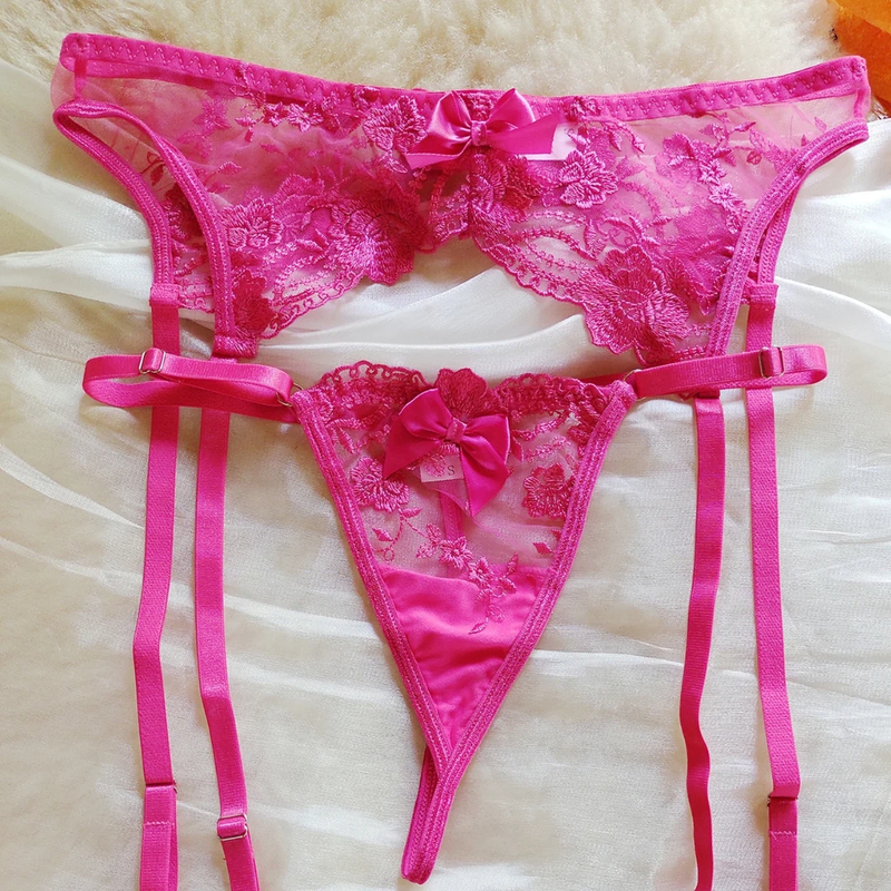 Blumenstickerei-BH-Set, sexy Dessous, Damen, dünn, Push-up-BH, BH + Strumpfbänder + Tanga, 3-teiliges Set, durchsichtige rosa Unterwäsche_voghion.com