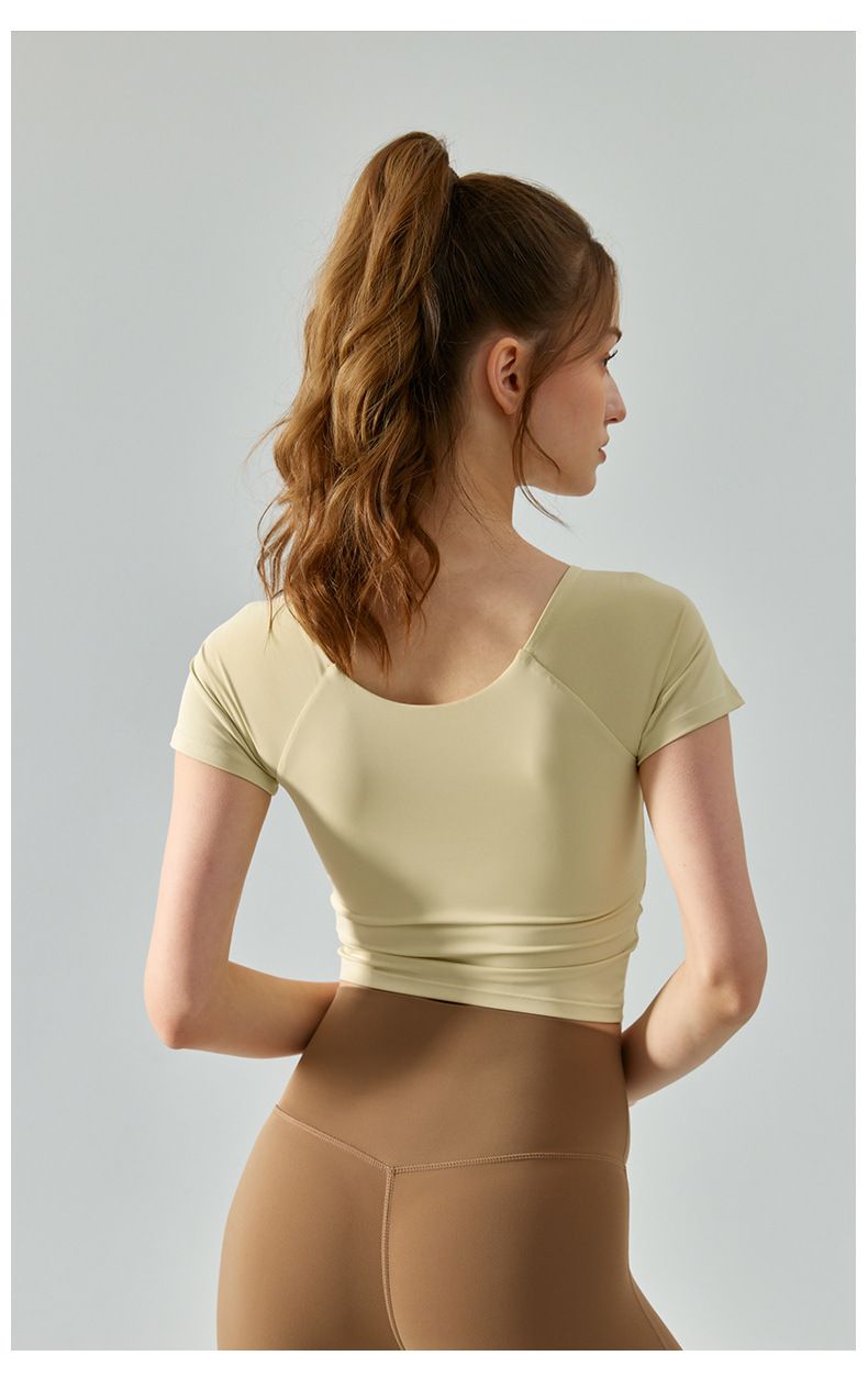Damenbekleidung, kurzärmlig, schmales, hautfarbenes, nahtloses, halbfestes Einteiler-Cup-Oberteil für Fitness, Laufen, Fitnesskleidung mit Brustpolstern_voghion.com