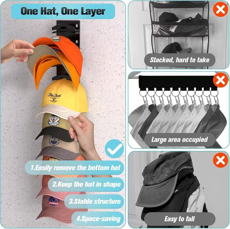 Wall-Mounted Baseball Cap Storage Rack, Durable Adhesive Hat Rack, Suitable For Wardrobe And Door, Convenient Hat Organization_voghion.com