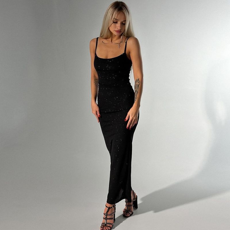 Sexy rückenfreies, figurbetontes Kleid mit Strassträgern – ärmelloses, langes Sommerkleid mit Schlitz für Frauen, dehnbare Clubwear aus Strick, elegant und lässig_voghion.com