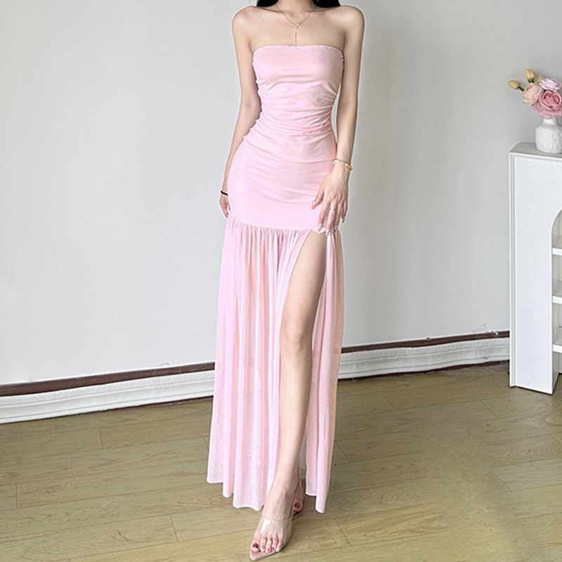 Pure Desire, sexy trägerloses Kleid mit einer Schulter aus Netzstoff, feminines Temperament, hohe Taille, schmale Passform, Schlitz, hüftbetont lang_voghion.com