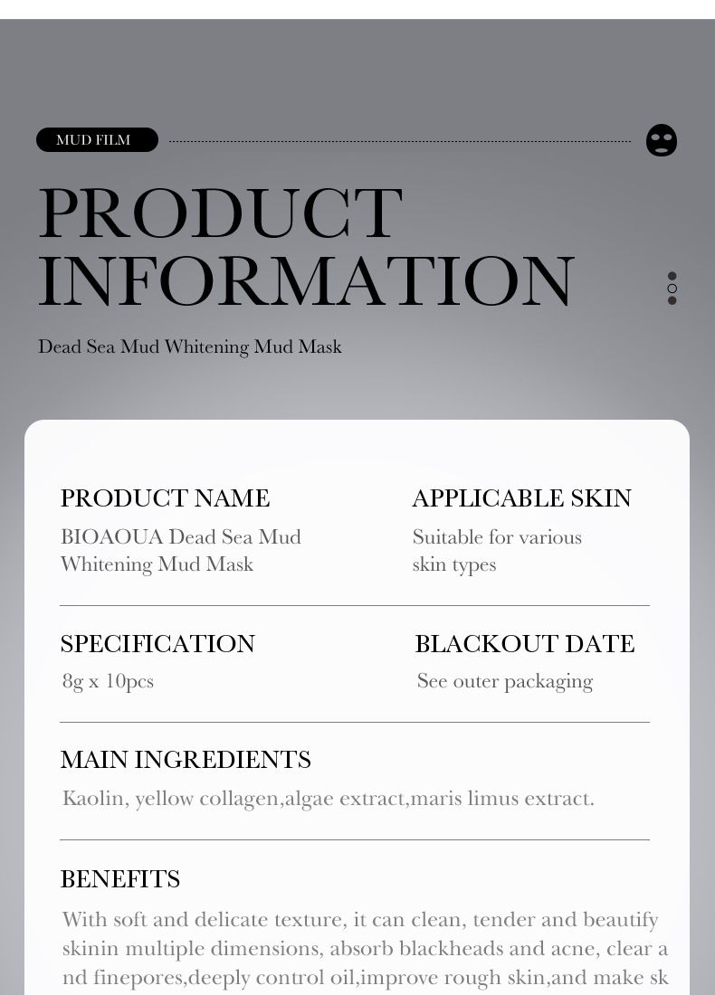 BIOAOUA Dead Sea Mud Whitening Mud Mask 8gx10pcs Hydrating Oil Control Cleansing Mask Moisturizing Mask_voghion.com