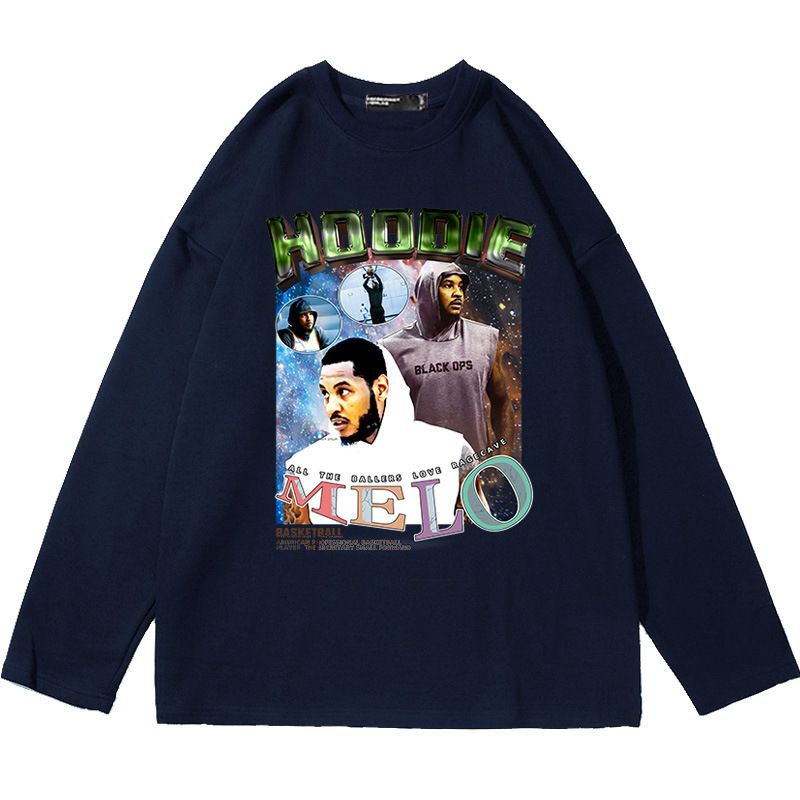 Fronte Retro Stampa Grande e Basket Anthony Melo Maglietta A Maniche Lunghe Per Uomo E Donna, Abbigliamento Alla Moda In Puro Cotone_voghion.com