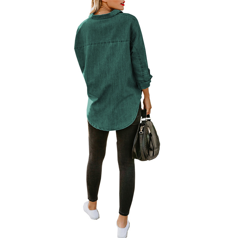 Camicia in denim da donna, camicia da cappotto casual all-match a maniche lunghe con doppia tasca ampia_voghion.com