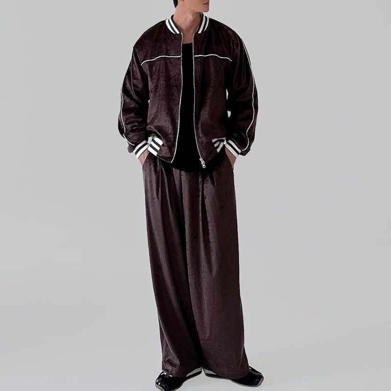 Men’s Two-Zip Track Jacket & Jogger Pants Set – Breathable Poly-Cotton Blend Activewear For Gym & Street Style (S-XXXL, Black/Dark Brown)_voghion.com