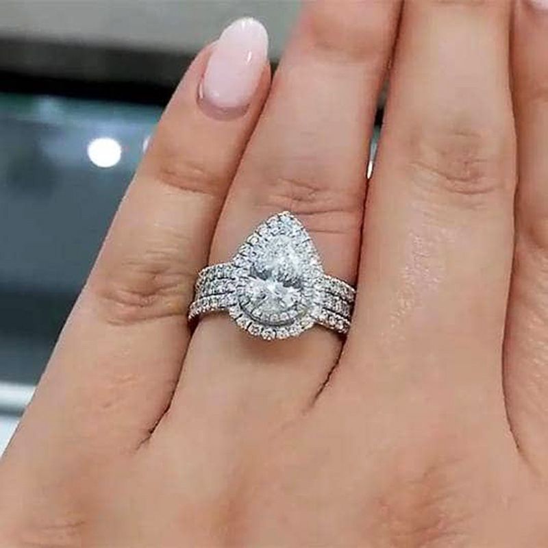Single Rings Water Drop Design Ring For Women Geometric Zircon Ring Three Piece Set Light Luxury High End Jewelry_voghion.com