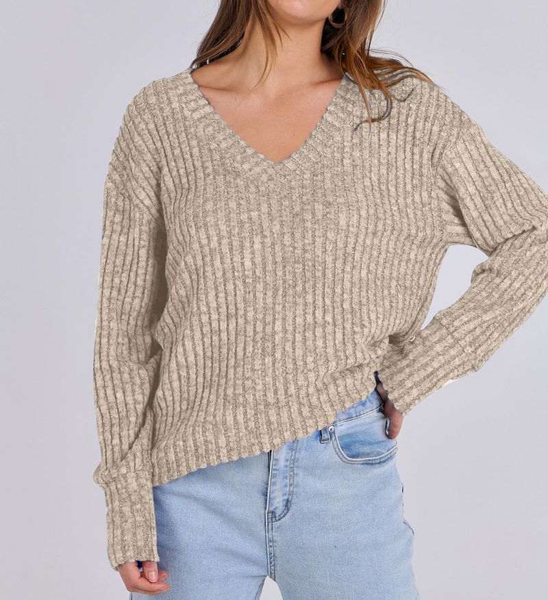 K Women's Long-sleeved V-neck Ribbed Brushed Knitted Top T-shirt_voghion.com