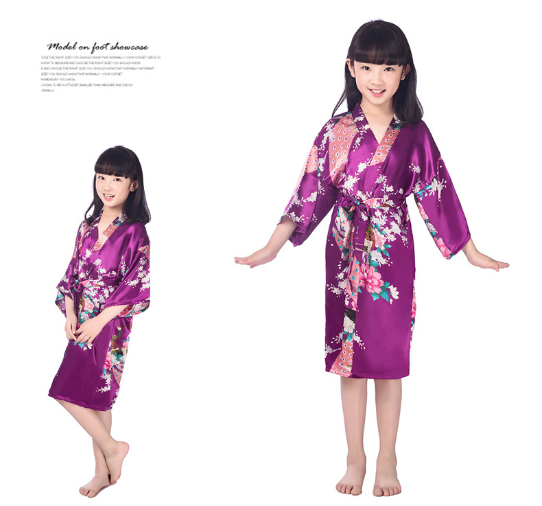 Peacock Peony Printed Children's Nightgown, Summer Girl Long Ice Silk Thin Style, Home Bathrobe Cardigan Design--Size 6 (90-100cm)_voghion.com