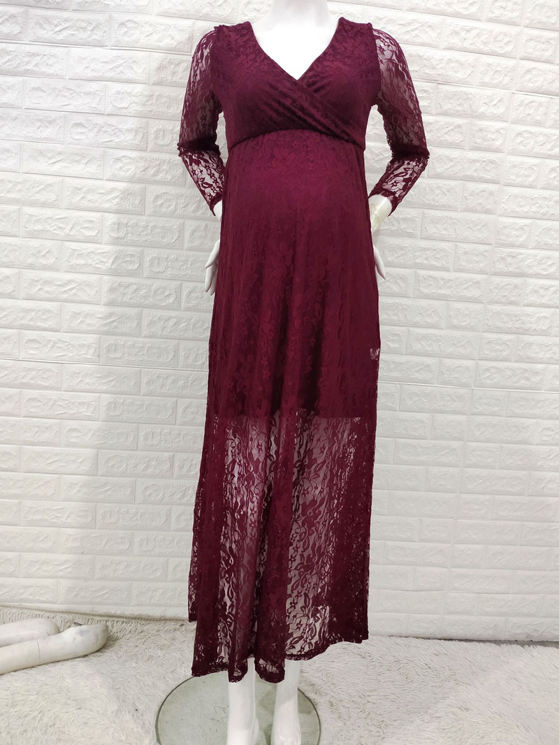 Abito da sera sexy casual da donna incinte con scollo a V profondo sul davanti e manica lunga in pizzo_voghion.com