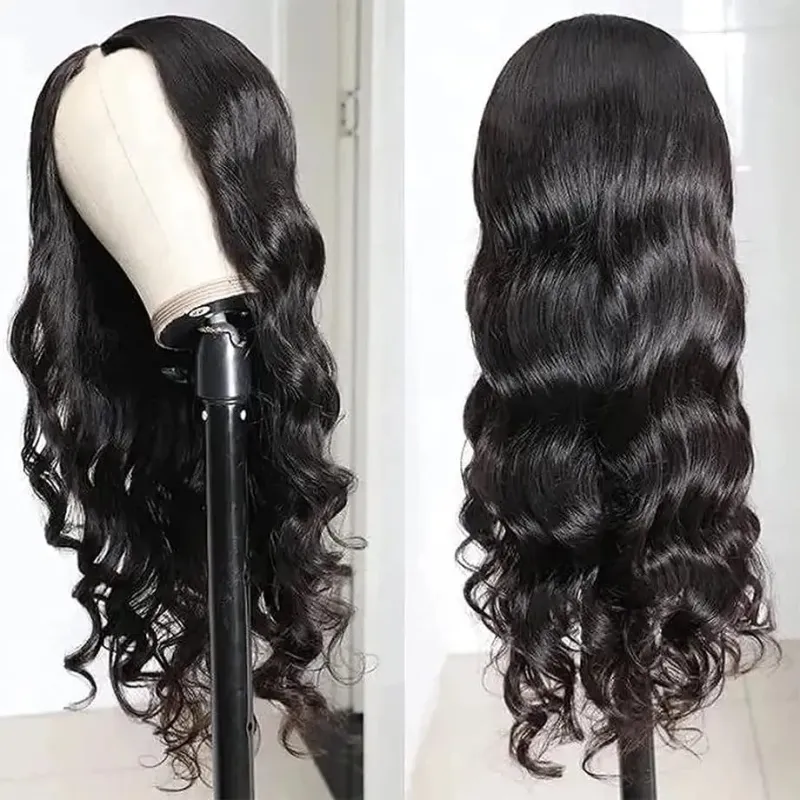Peluca de cabello humano ondulado de color natural con parte en V, cabello virgen brasileño, peluca completamente hecha a máquina para mujeres_voghion.com