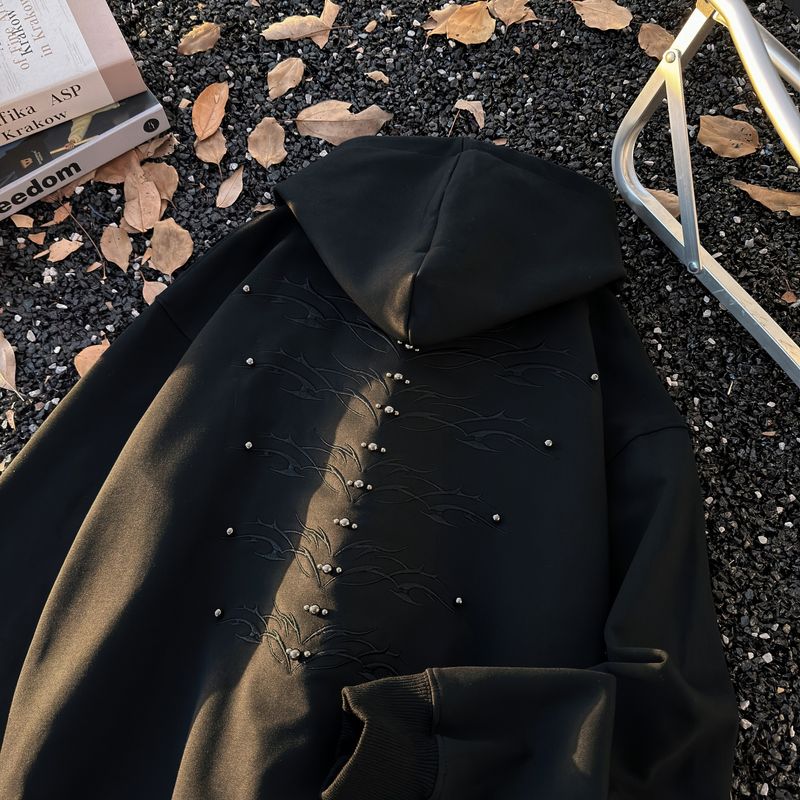 Übergroßer Cleanfit-Hoodie für Herren und Damen mit Vintage-Perlenstickerei – Lockere Passform, lässiger Unisex-Pullover mit Reißverschlusstaschen_voghion.com