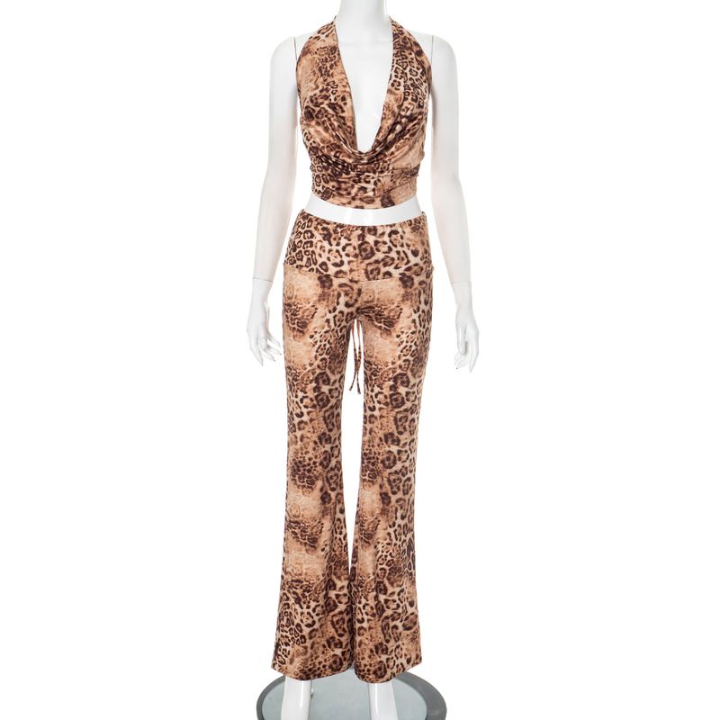 D25ST133 Ensemble deux pièces haut dos nu et pantalon évasé à imprimé léopard pour femme_voghion.com