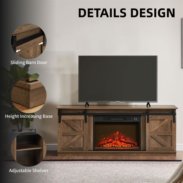 Fireplace TV Stand For Television Up To 65 Inch With Storage And Farmhouse Sliding Barn Doors, Entertainment Center With Cabinet And Shelves,Natural_voghion.com