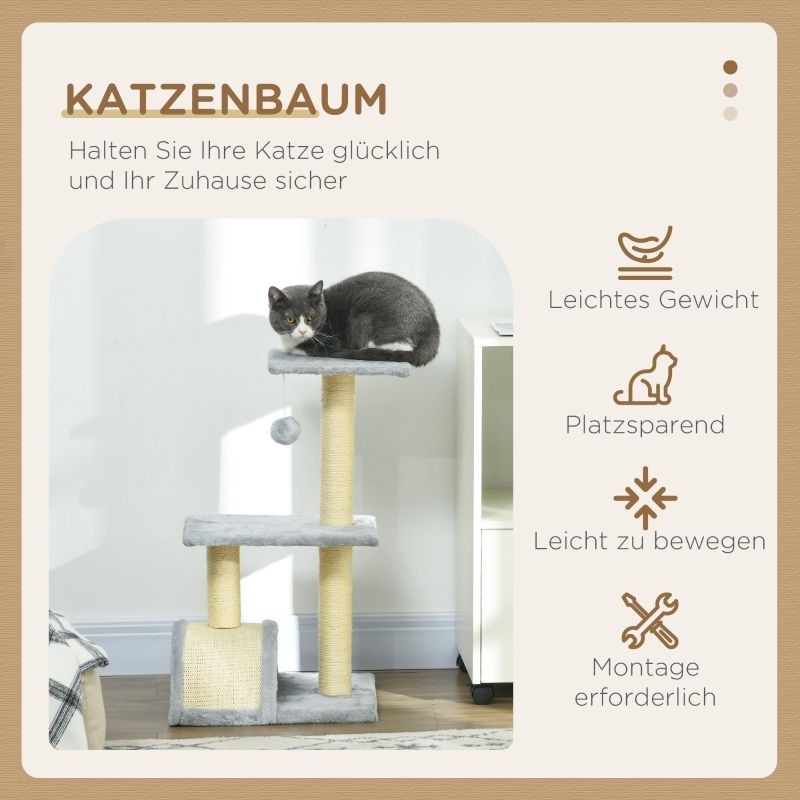 Kratzbaum 72cm Mit Plüschballen, Sisalstämme, Plataforma, Hellgrau_voghion.com