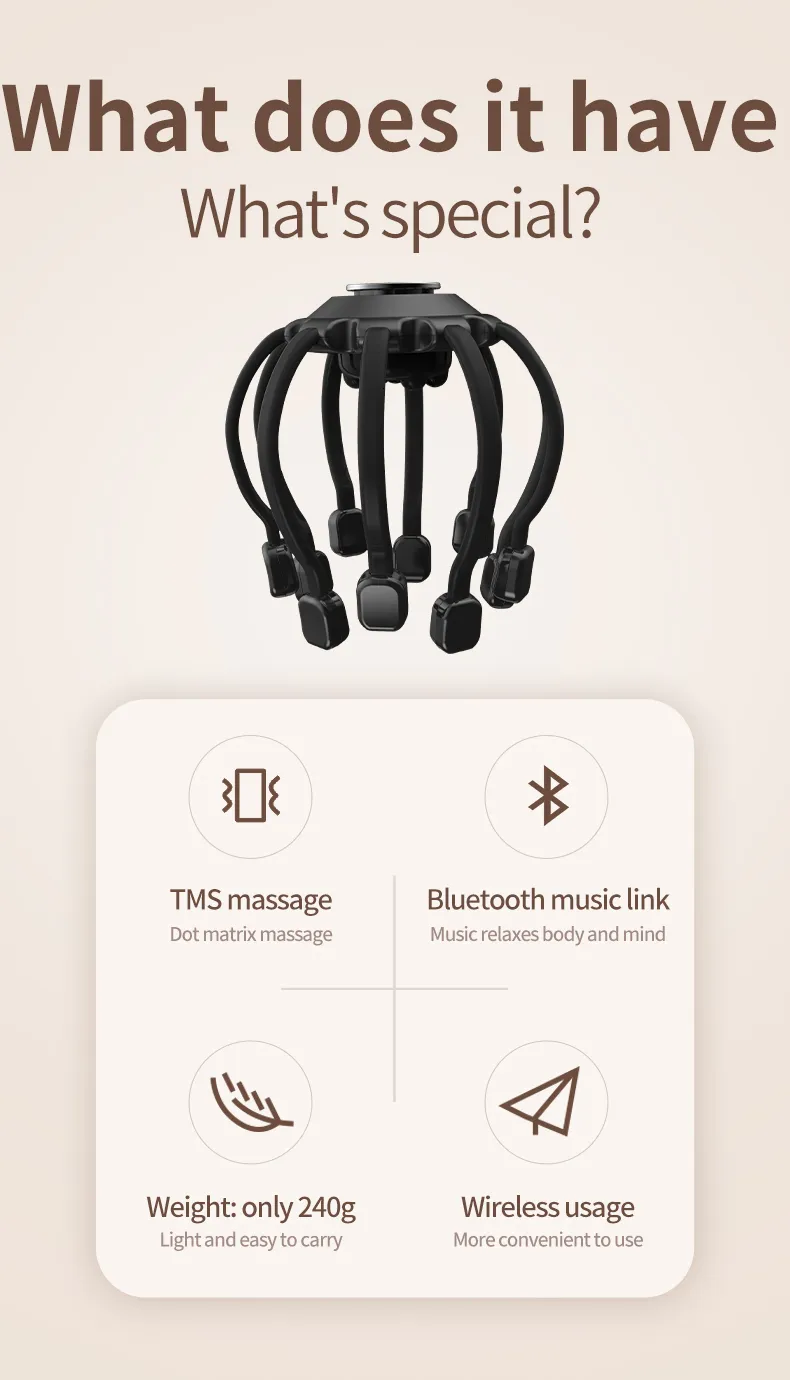 Kopfmassagegerät Octopus Kopfhaut Kopfmassagegerät Elektrisches Massageinstrument mit Bluetooth-Musikvibration zum Entspannen von Stress_voghion.com