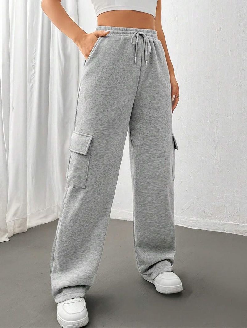 Pantalones cargo para mujer, estilo jogger, cintura alta, cordón ajustable, pierna ancha, informales, con múltiples bolsillos, estilo urbano, negro/beige/gris claro._voghion.com