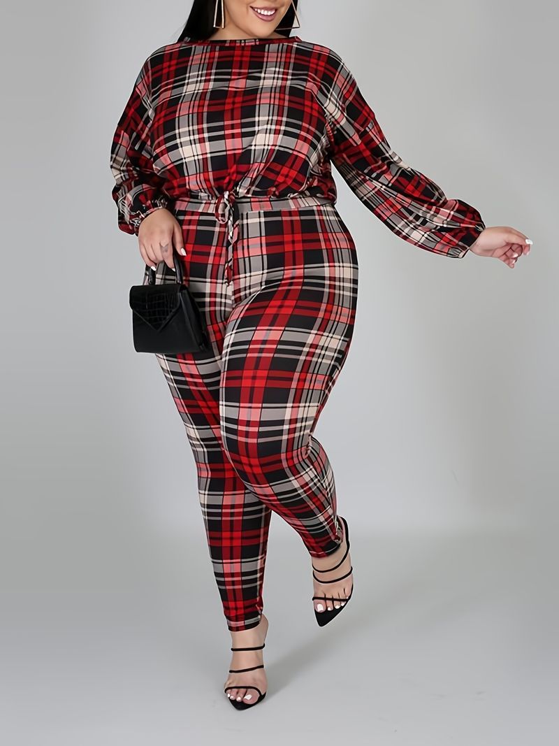 stripe element printed long-sleeved large size two-piece set_voghion.com
