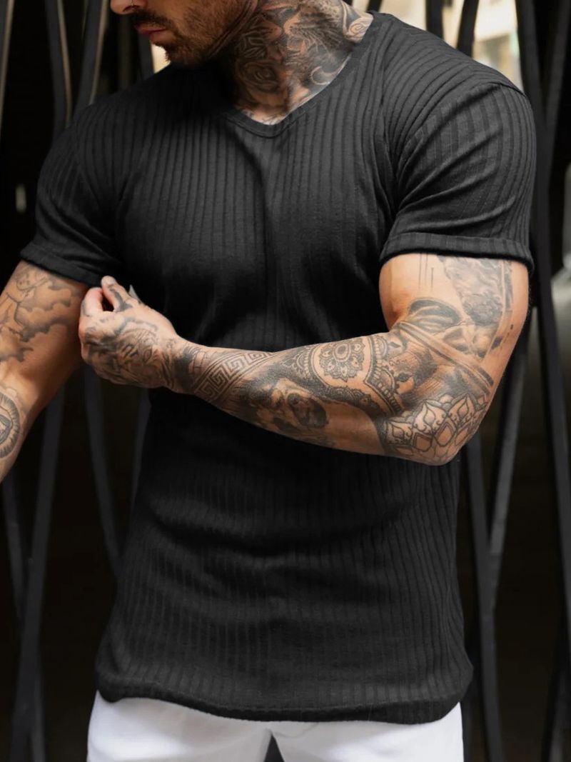 Men's Summer Stretch Fitness T-Shirt - Breathable Polyester Workout Tee With Striped Design, Comfortable Round Neck Short Sleeve For Gym, Casual Wear_voghion.com