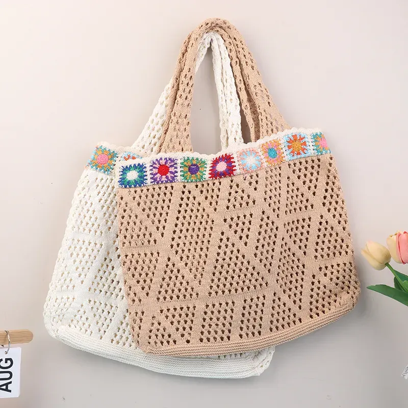 Bolsa de compras de crochê com flor, estilo hobo, para o verão, com alça de ombro em tricô, ideal para viagens e férias._voghion.com