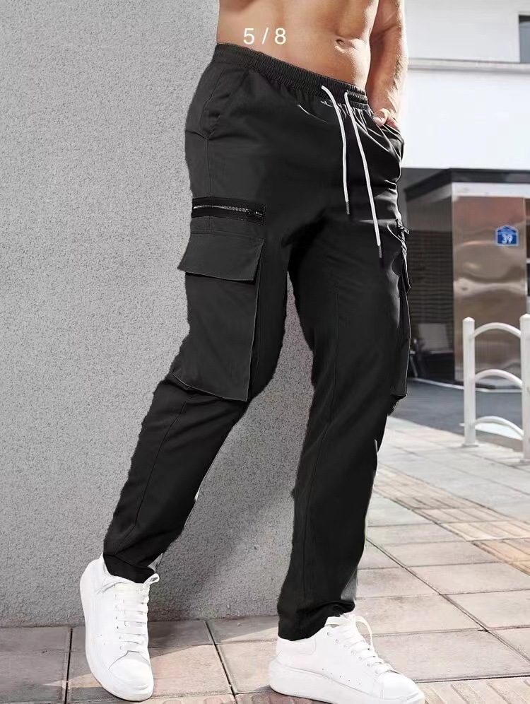 Ropa de hombre, pantalones cargo decorados con cremallera deportiva informal, pantalones con cordón en la cintura para hombres_voghion.com