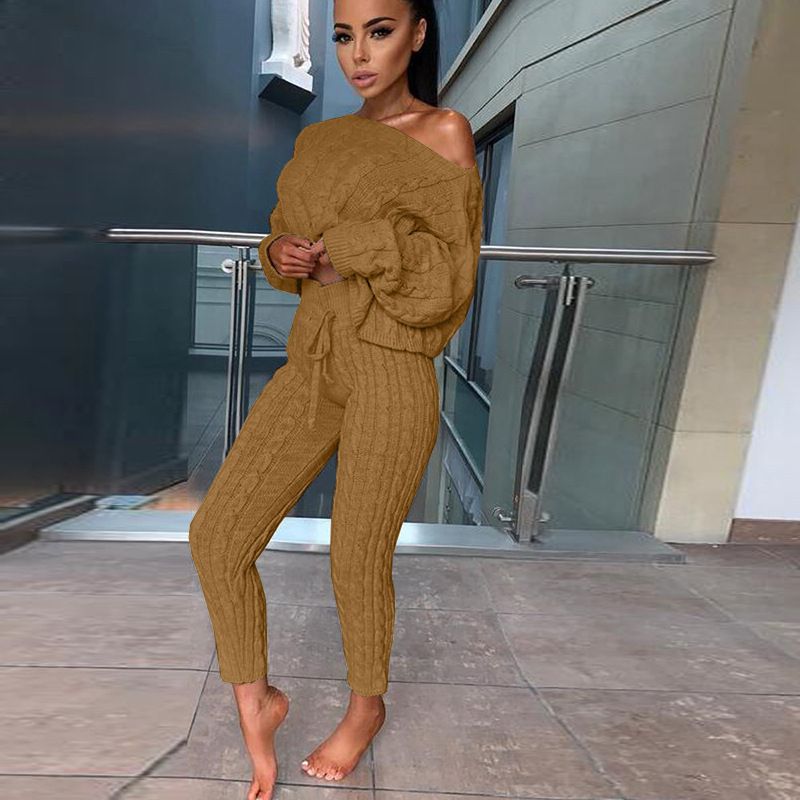 Women's fashion set crew-neck wool-knitted trousers long-sleeved set sweater_voghion.com