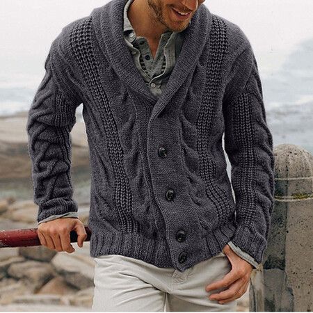 Heren Diamond Knit Cardigan Slim Fit Trui - Lange Mouw Omslagkraag Trui Voor Herfst/Winter - Acrylmix Warm Casual & Business Casual_voghion.com