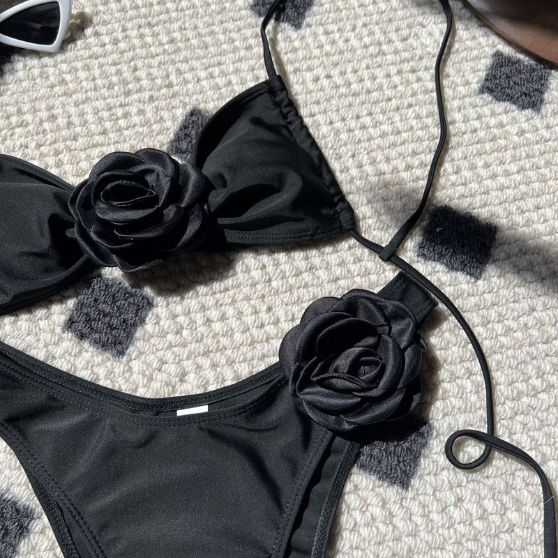 European And American Solid Color Rose Drawstring Split Swimsuit Bikini Bikini Cross Border Foreign Trade_voghion.com