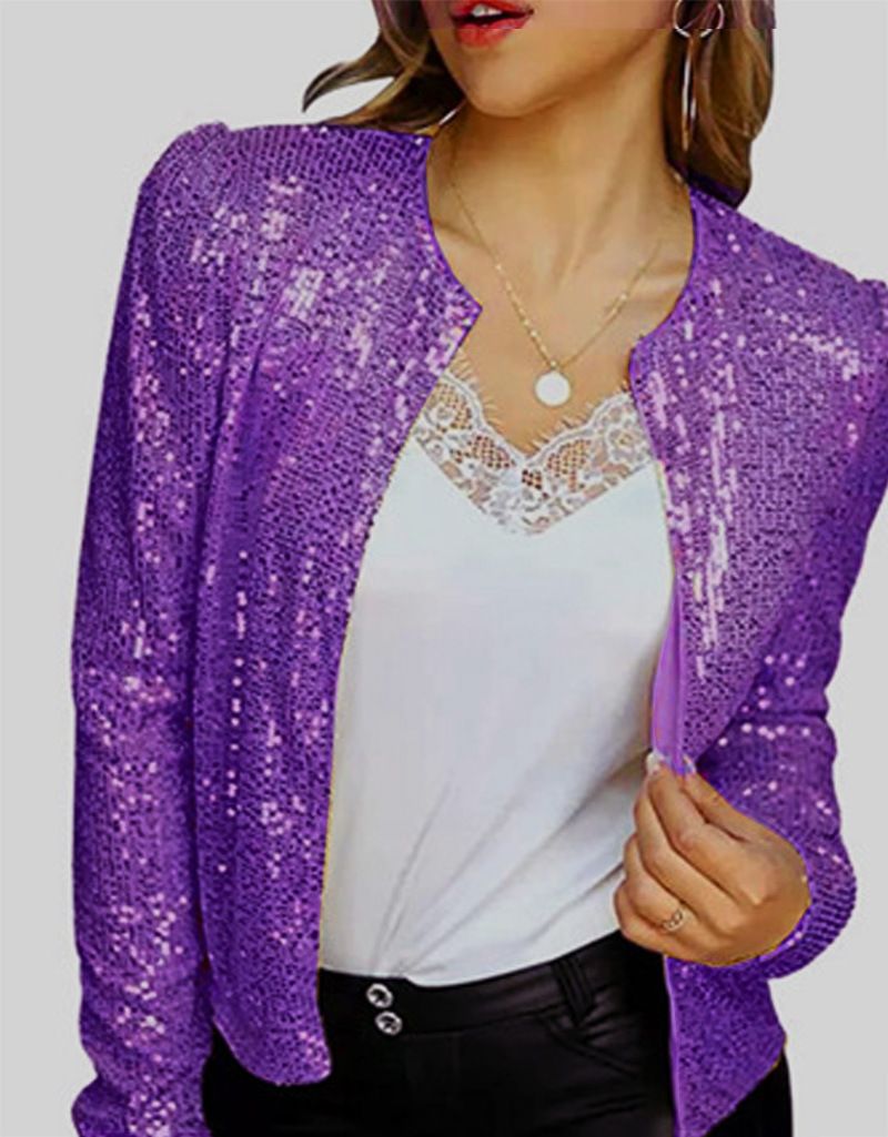 Women's Clothing Women's Fashion Stand up Collar Solid Color Sequined Jacket Short Casual All match Small Jacket_voghion.com