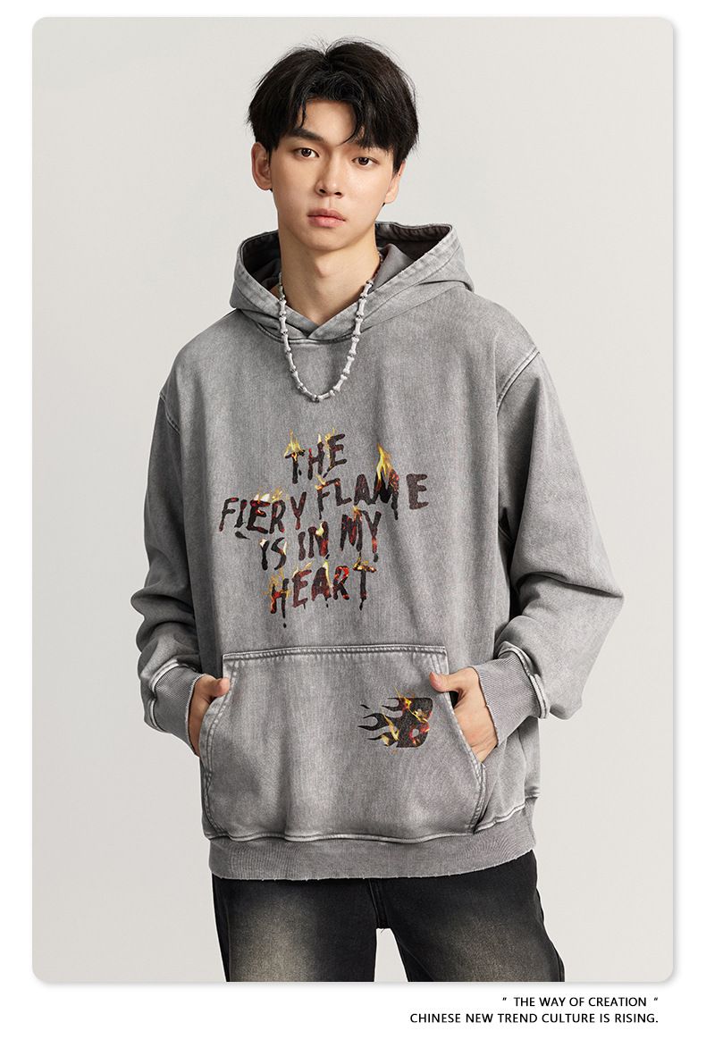 Herrenbekleidung Kapuzenpullover mit verwaschenem Batik-Print, Retro-Street-Chic, Baggy-Top_voghion.com