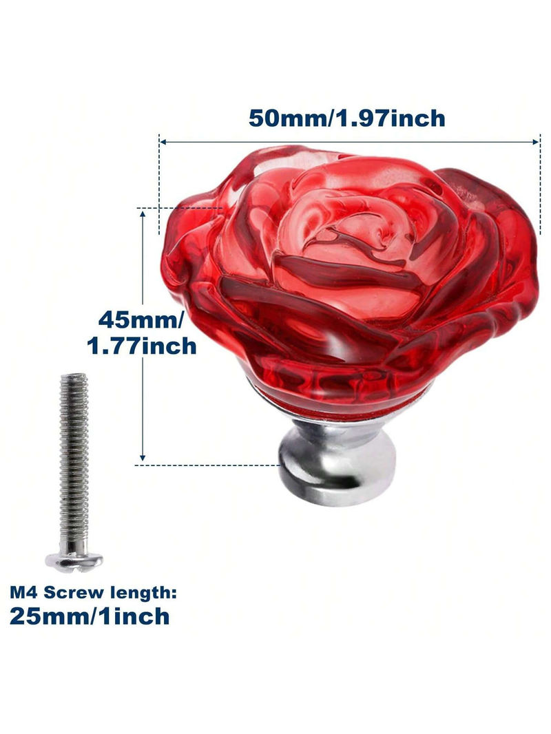4 pomelli in vetro rosso a forma di rosa, maniglie per cassetti in cristallo, diametro 50 mm, set per bagno, cucina, ufficio._voghion.com