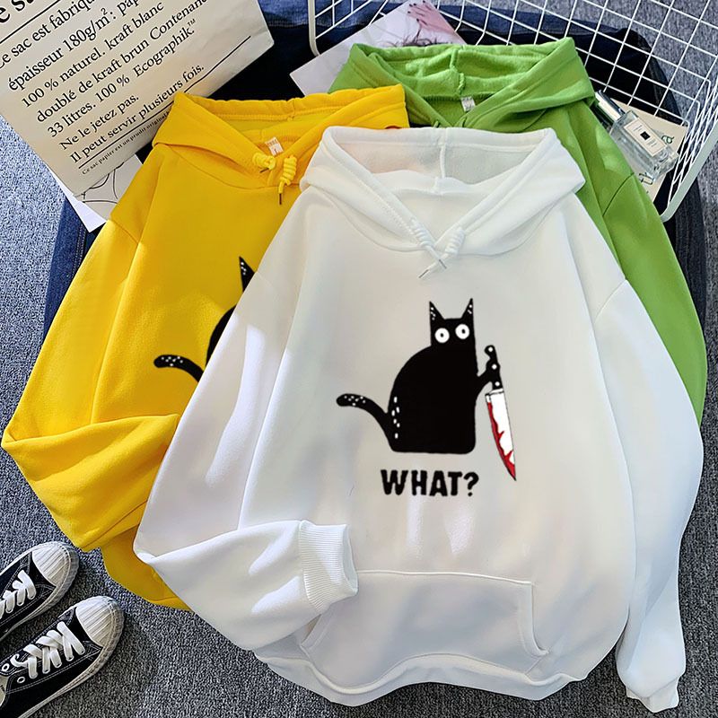 Felpa con cappuccio e grafica gatto nero, stampa personalizzata abbinata per coppia, autunno inverno, nuova caramella, colore: nero_voghion.com