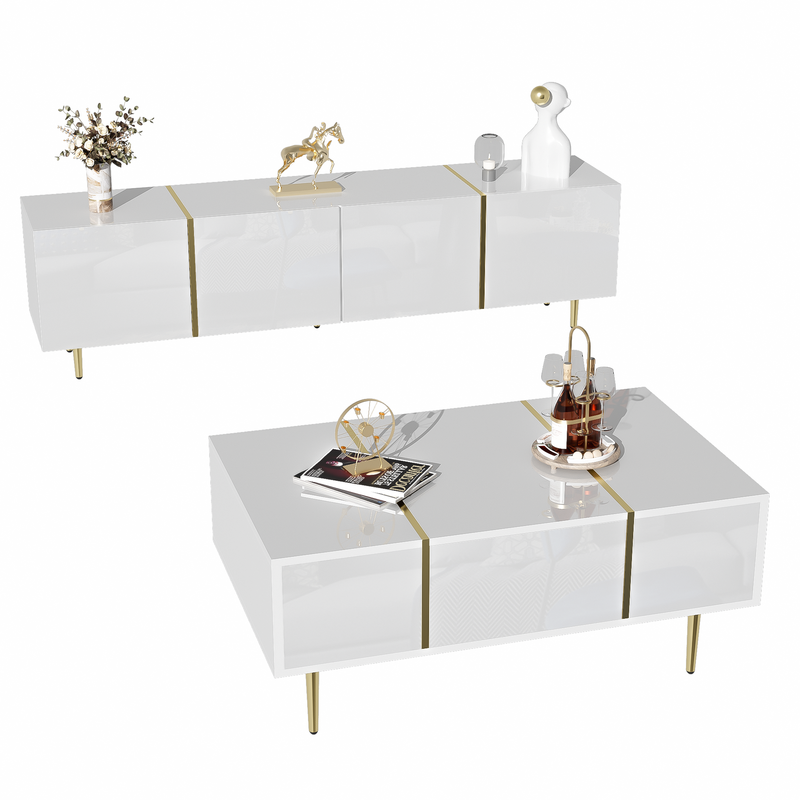 Ensemble meuble TV et table basse moderne blanc brillant_voghion.com