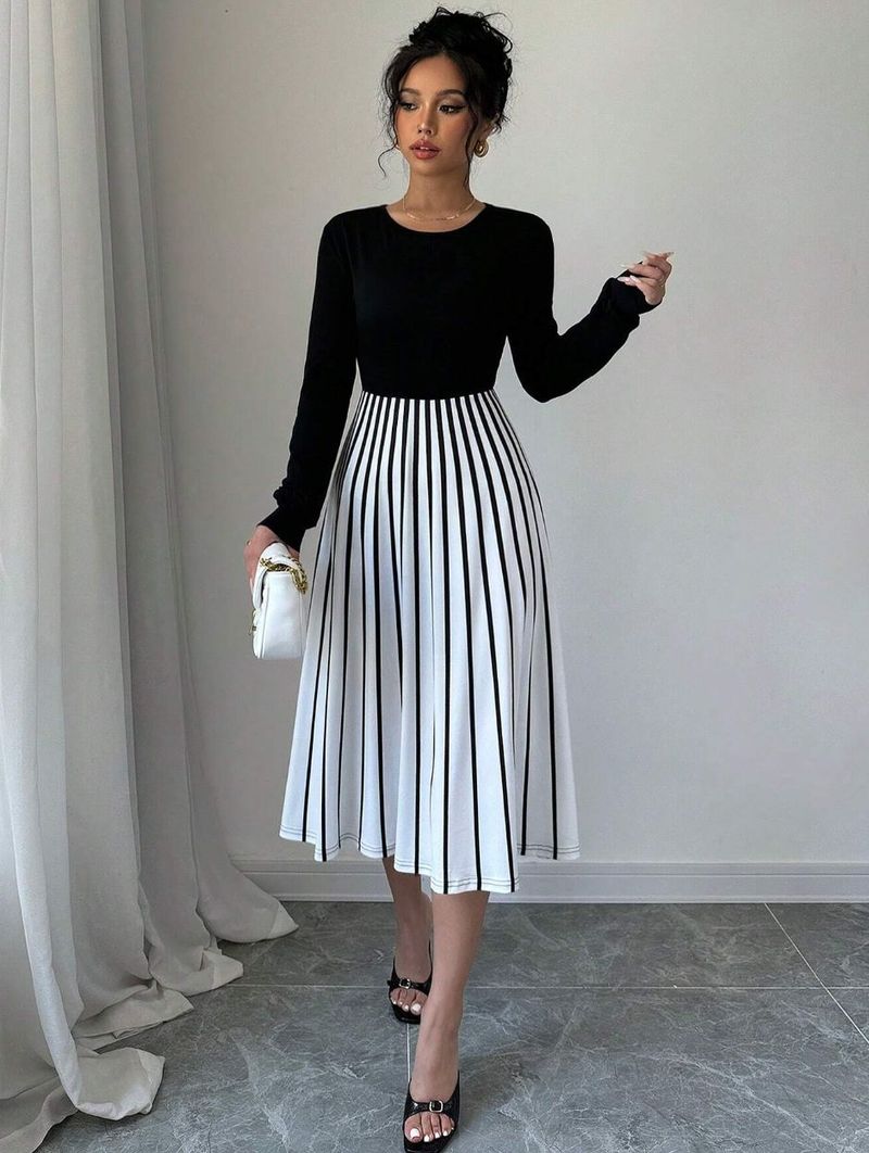 Elegantes gestreiftes Maxikleid für Damen – Sommerkleid mit Laternenärmeln (atmungsaktives Gewebe, fließendes Design, Boho-Chic-Stil)_voghion.com