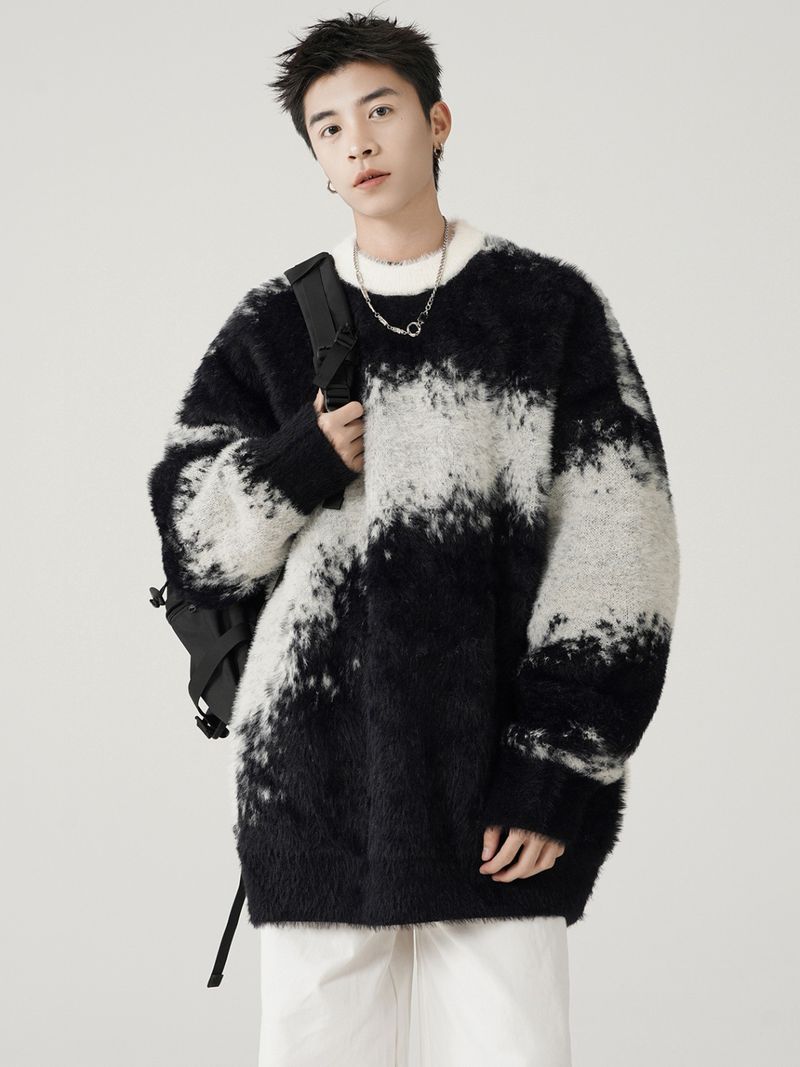 Suéter masculino de lã vison tie-dye com blocos de cores - Pulôver aconchegante e estiloso para o inverno, casual e moderno._voghion.com