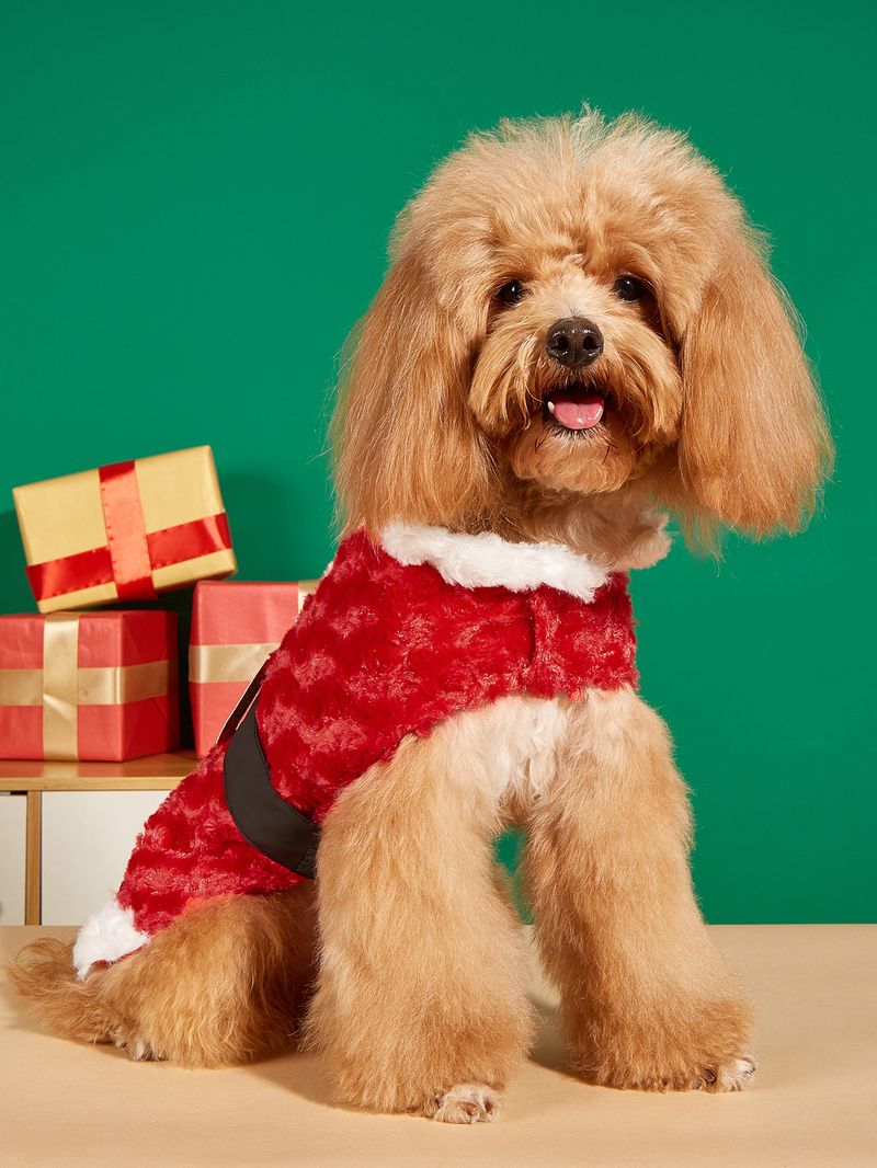 Christmas belt button horizontal slim-fit beautiful red green Christmas teddy Bichon dog fleece coat_voghion.com