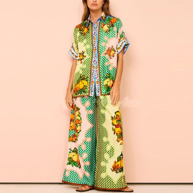 Vêtements pour femmes, nouveau style de printemps, costume pour femmes, imprimé, col rond, manches chauve-souris amples, taille, pantalon large, costume de mode_voghion.com
