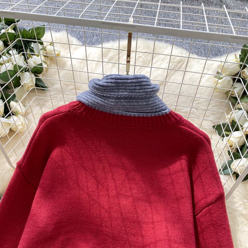 Ensemble pull-over d'automne en tricot pour femme avec écharpe - Haut ample et jupe crayon ajustée - Tenue décontractée élégante (rouge, bleu marine, taille unique)_voghion.com