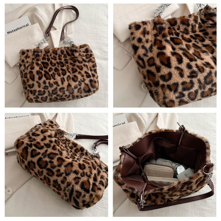 Eenvoudige tas met grote capaciteit, modieuze luipaardprint, pluchen tas, sfeervolle, harige schoudertas voor dames_voghion.com