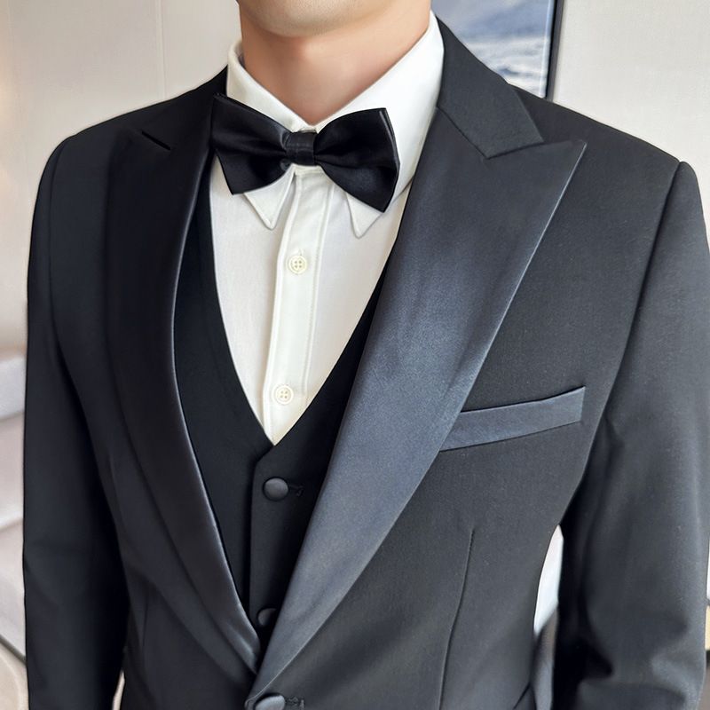 CT Korean Style Groom Men's Solid Color Wedding Tuxedo Peak Lapel Single Row One Button Suit Three-Piece Set_voghion.com