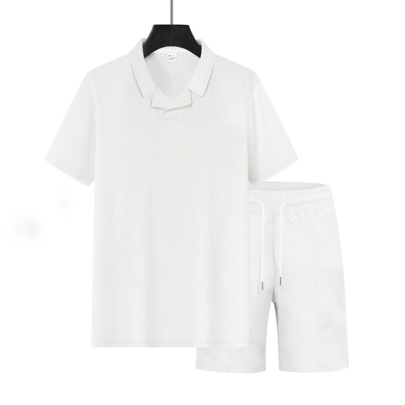 Polo ample à manches courtes et col gaufré pour homme, style américain, ensemble décontracté avec short et col gaufré_voghion.com