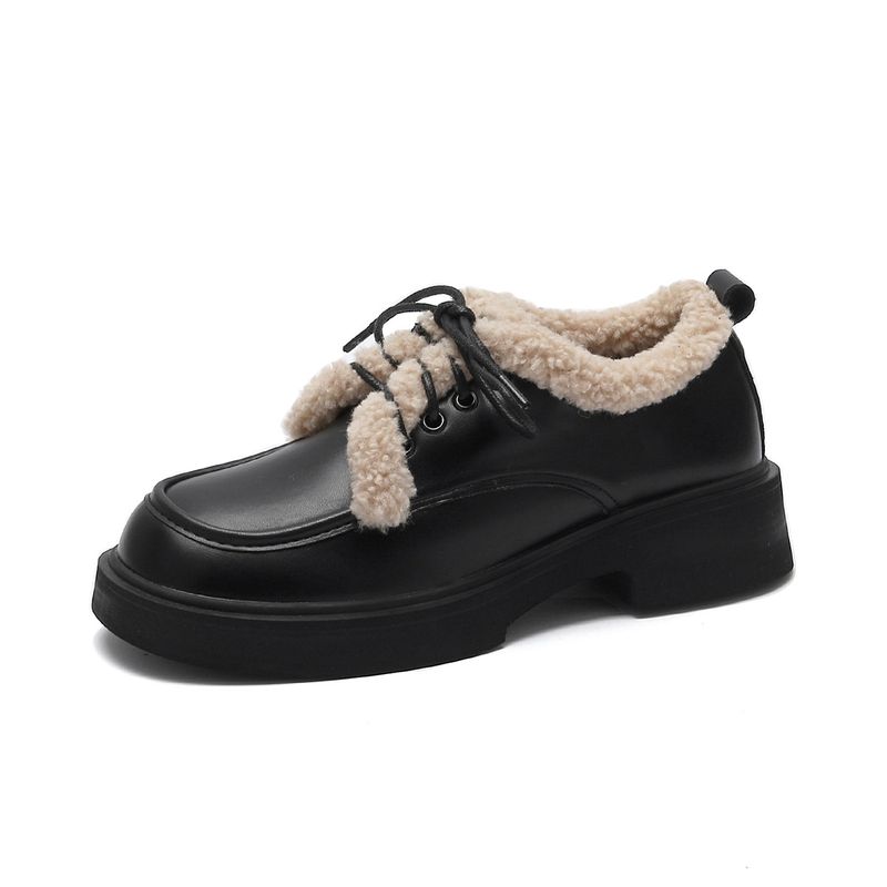 Platform Loafers Women's Retro British Style Single Shoes Women's Lace-up Plush And Furry Small Leather Shoes_voghion.com