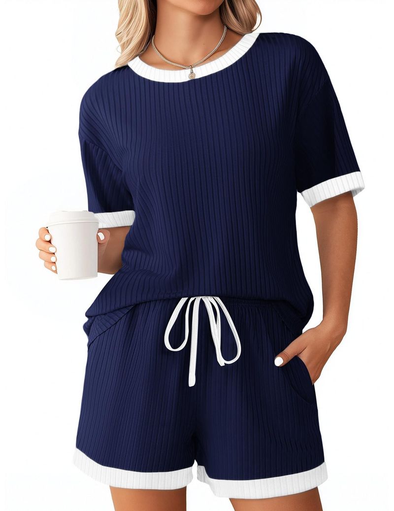 Kadın Giyim Yaz Yeni Düz Renk Çukur Çizgili Renk Uyumlu Pijama Kısa Kollu Ev Giyim Takımı_voghion.com