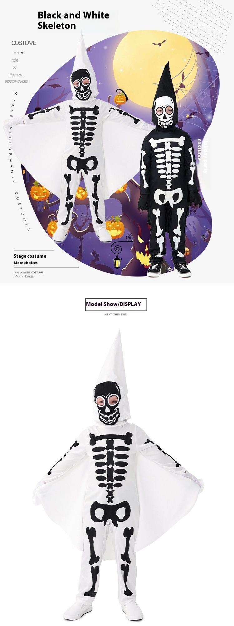 Halloween for children's performance Skull cosplay costume Bone Ghost party outfit_voghion.com