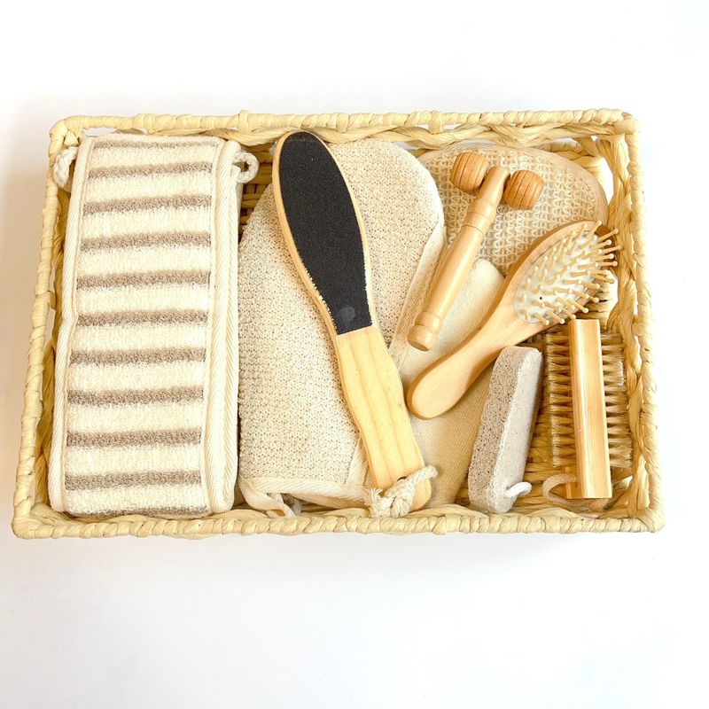 8-Piece Bath & Body Gift Set In Handwoven Paper Rope Basket – Exfoliating Gloves, Loofah & Foot Scrubber For Birthdays, Holidays & Corporate Gifting_voghion.com