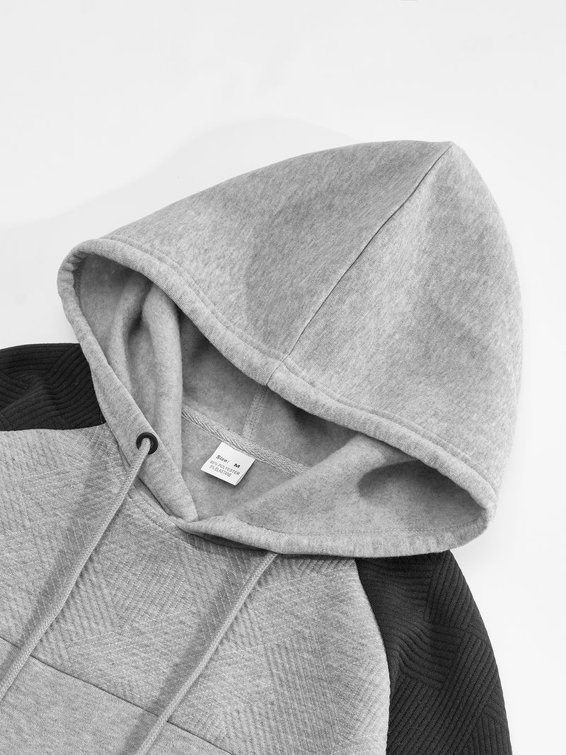 Felpa con cappuccio color-block da uomo: pullover alla moda con pannelli a contrasto e vestibilità comoda (grigio chiaro/nero/kaki/blu navy)_voghion.com