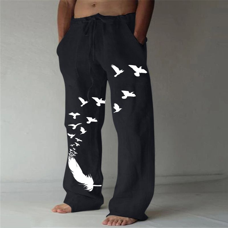 Pantalones holgados informales de lino con diseño de bolsillo y cordón para hombre, talla grande, con estampado de plumas de pájaros, 2024_voghion.com